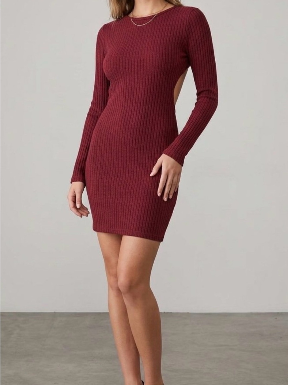 Lulus Twist-Back Ribbed Knit Long Sleeve Bodycon Mini Dress Burgundy Size S 0515